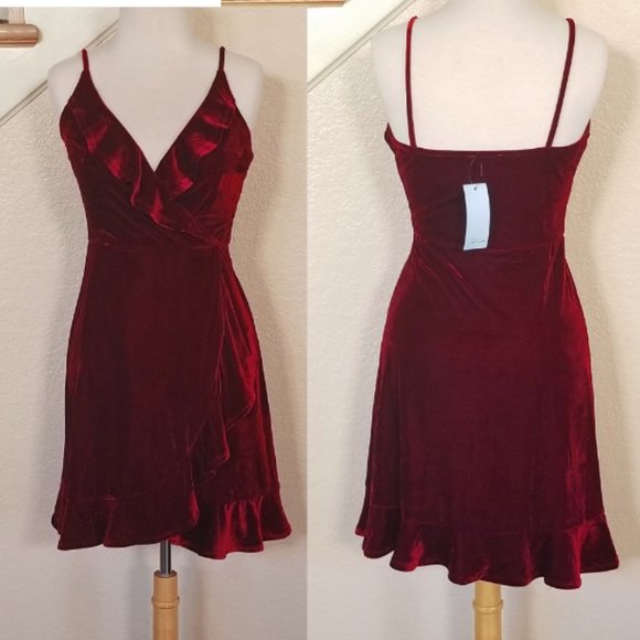 Burgundy Velvet Faux Wrap Ruffle Cocktail Dress 10 - Picture 2 of 5